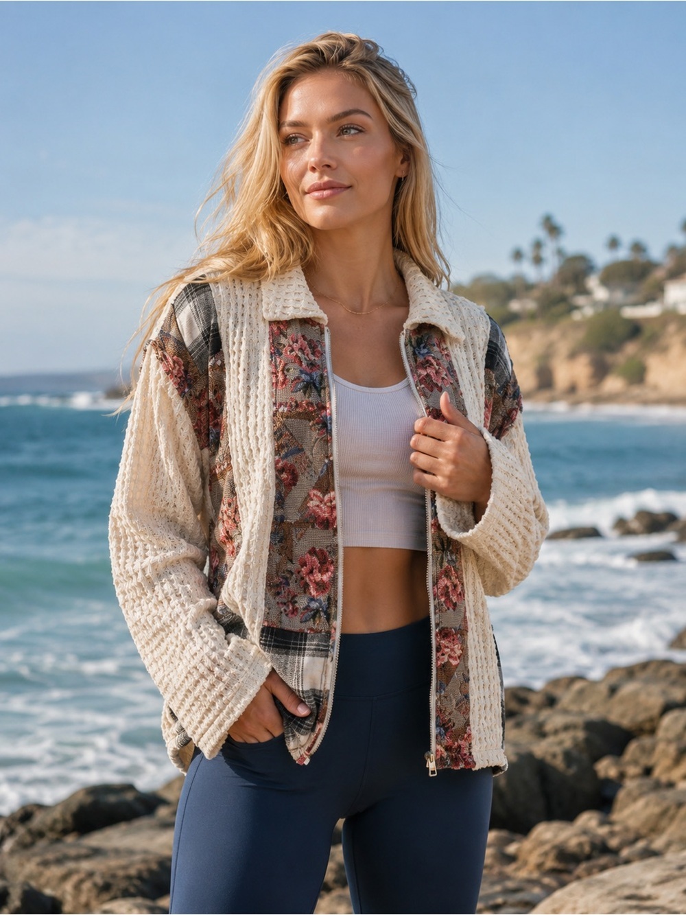 POL Cream Floral Patchwork Knit Cardigan Sweater/Jacket